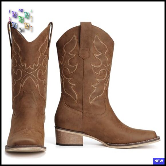 Western Cowgirl Boots Square Toe Mid Calf Embroidery Chunky Heel Casual Party - Picture 6 of 7